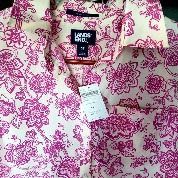 Lands End Womens No Iron Supima Shirt 6T Floral Print Pink & White Long Sleeve - Picture 2 of 10